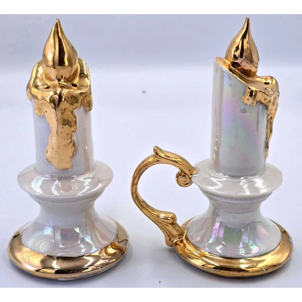 Vintage Ceramic Candle Shaped Salt & Pepper Shakers Gold Drip Accent Set of 2‎